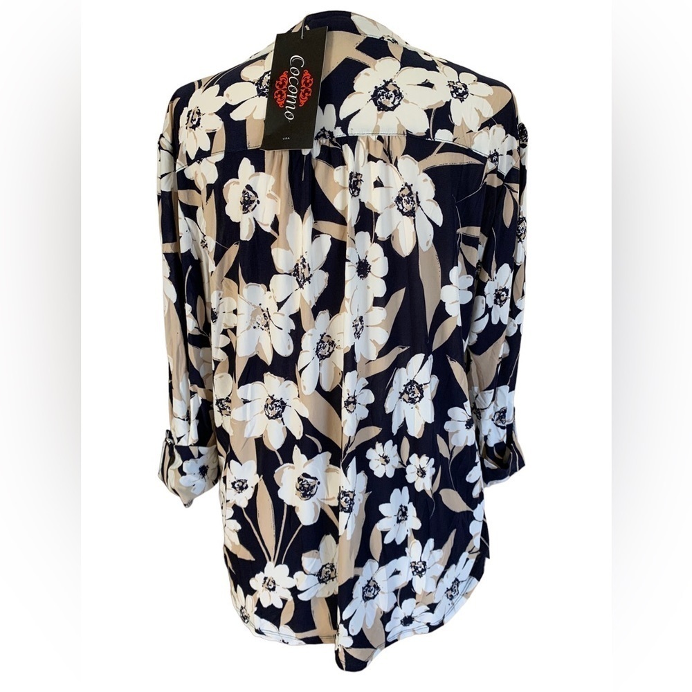COCOMO XL Floral Blue Beige 3/4 sleeve women’s Pintuck Blouse tunic top … - Picture 2 of 12